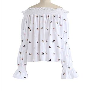 Zara Off the Shoulder White Floral Embroidered Long Ruffle Sleeve Boho Top